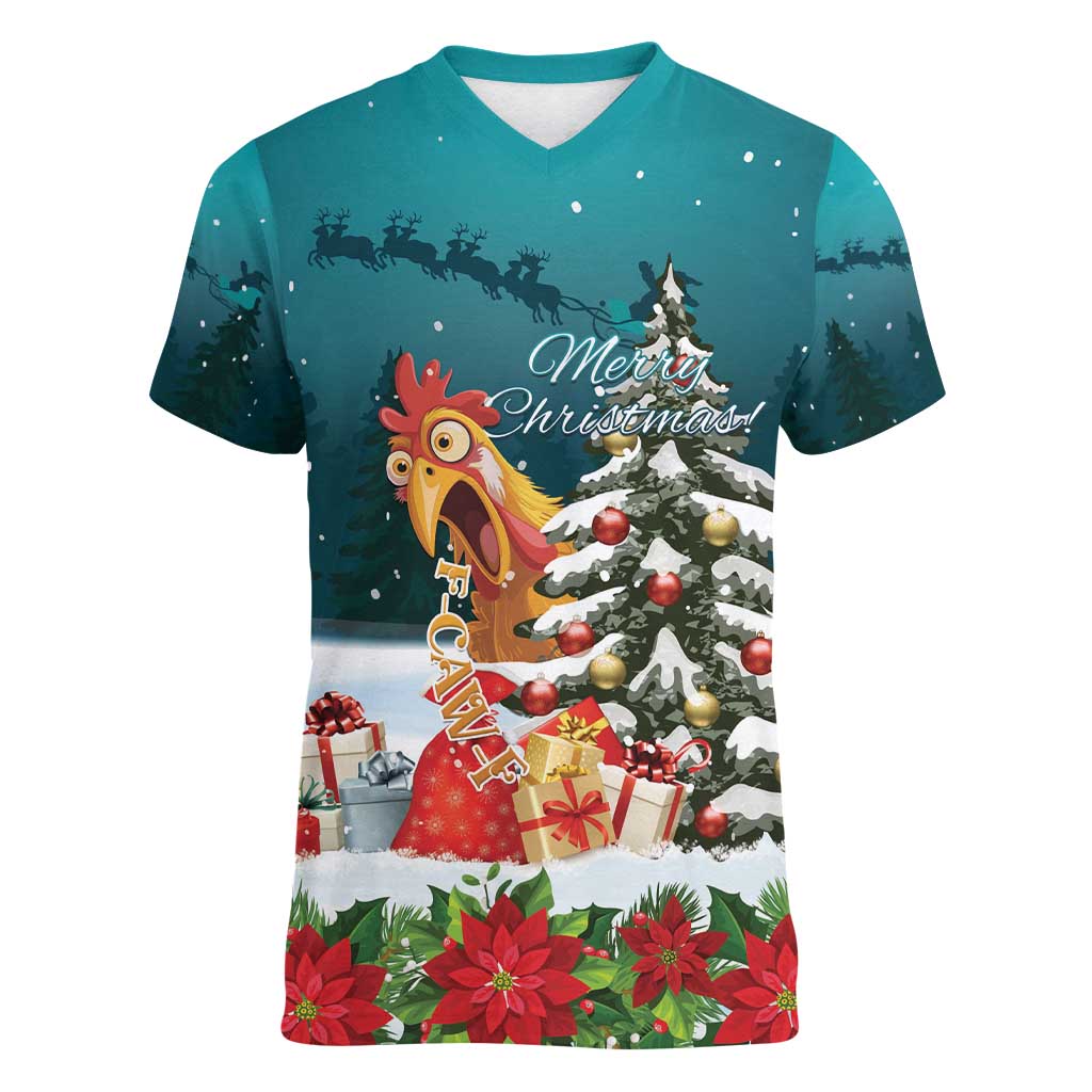 F Caw F Chicken Women V-Neck T-Shirt Funny Christmas - Wonder Print Shop