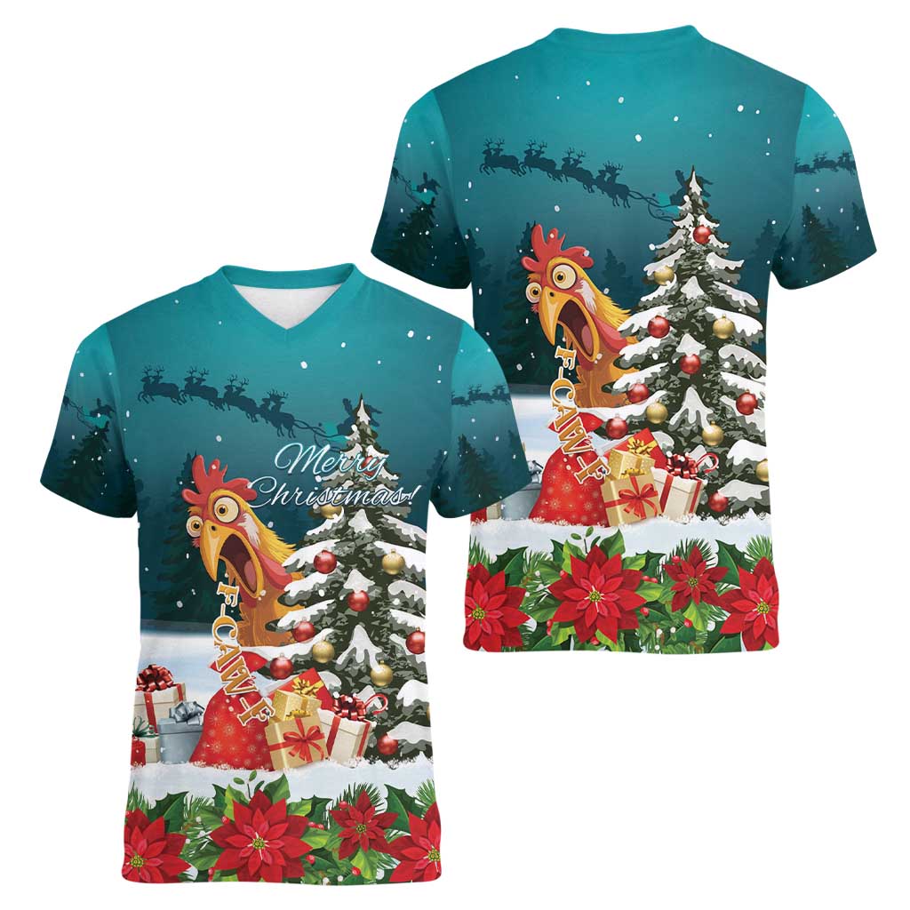 F Caw F Chicken Women V-Neck T-Shirt Funny Christmas - Wonder Print Shop