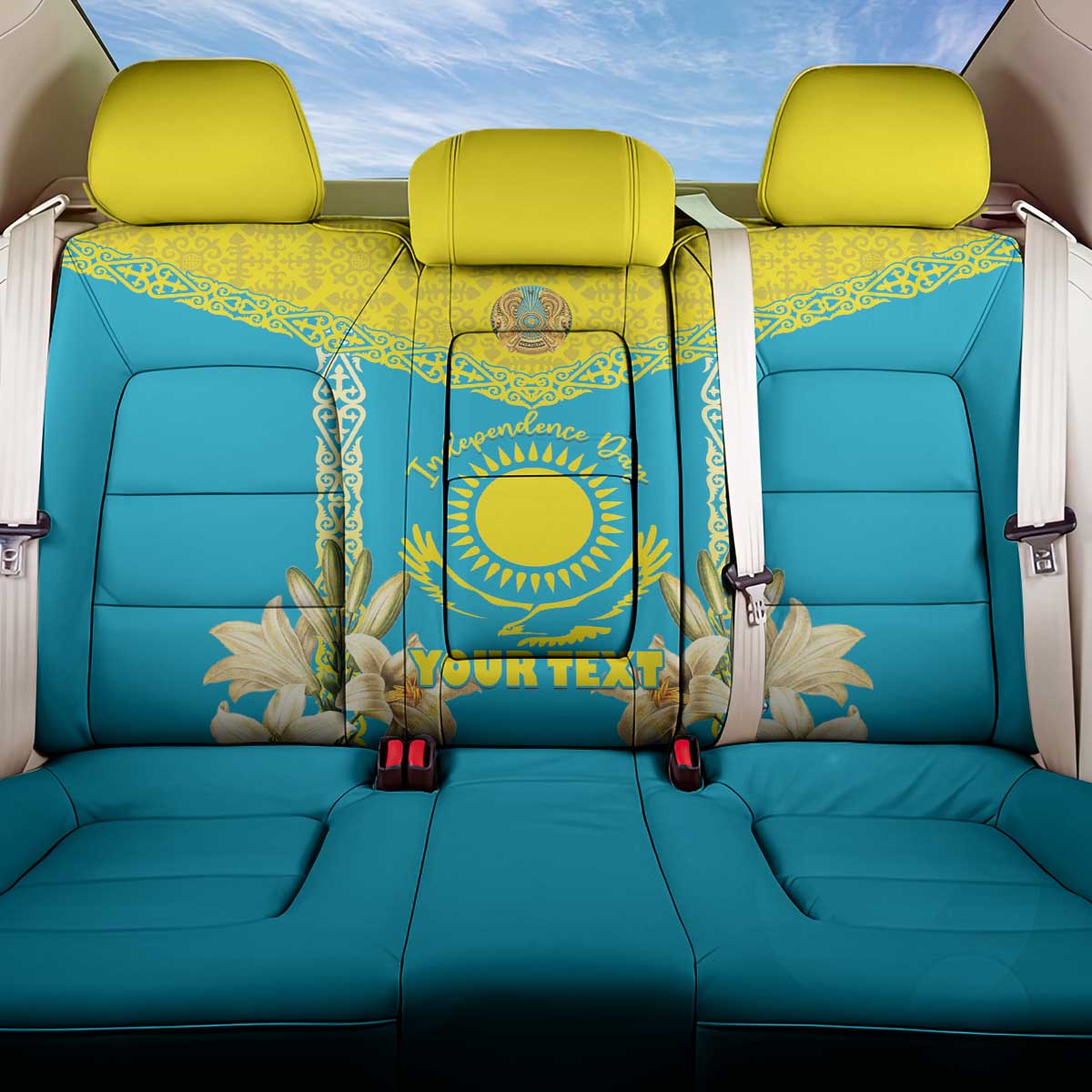Personalised Kazakhstan Independence Day Back Car Seat Cover Lilium Peregrinum - Kazakh Pattern - Wonder Print Shop