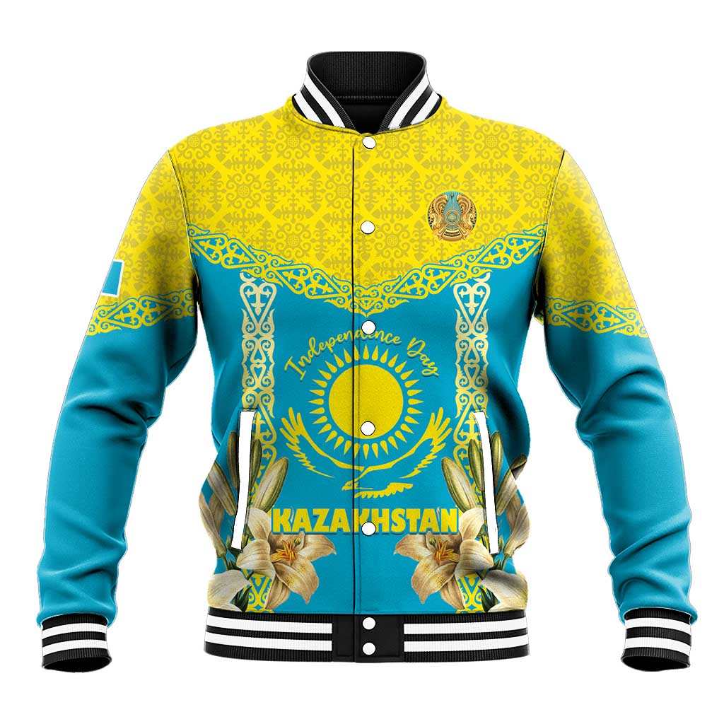 Personalised Kazakhstan Independence Day Baseball Jacket Lilium Peregrinum - Kazakh Pattern - Wonder Print Shop