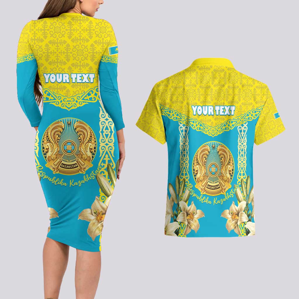 Personalised Kazakhstan Independence Day Couples Matching Long Sleeve Bodycon Dress and Hawaiian Shirt Lilium Peregrinum - Kazakh Pattern - Wonder Print Shop