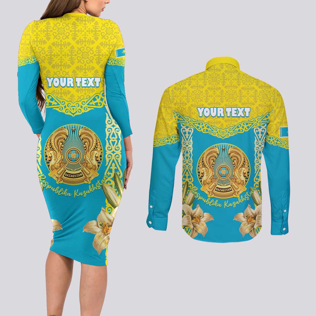 Personalised Kazakhstan Independence Day Couples Matching Long Sleeve Bodycon Dress and Long Sleeve Button Shirt Lilium Peregrinum - Kazakh Pattern - Wonder Print Shop