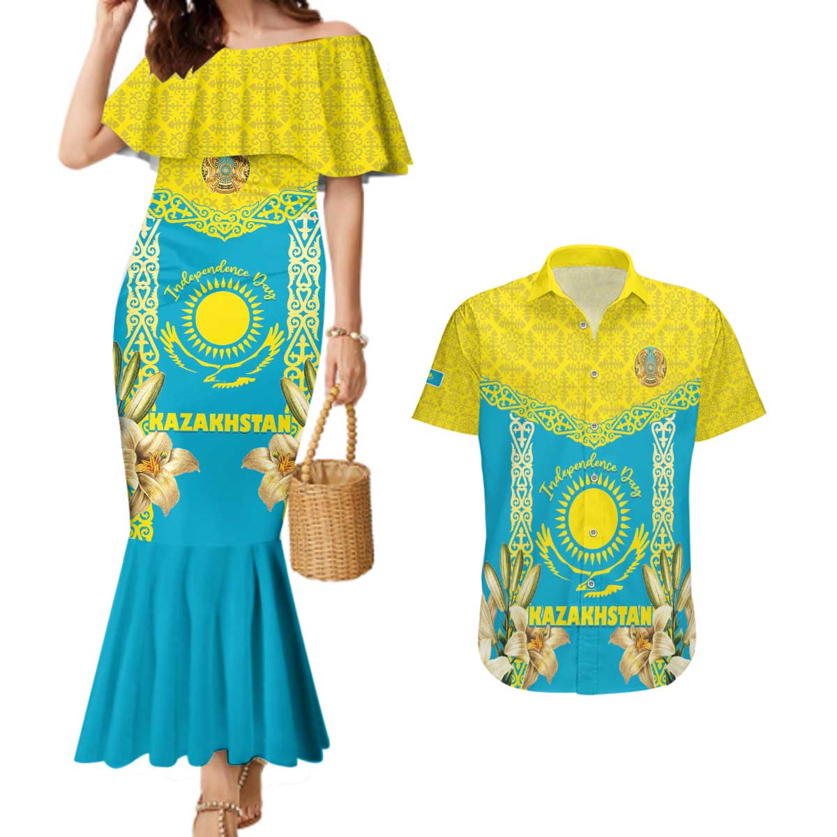 Personalised Kazakhstan Independence Day Couples Matching Mermaid Dress and Hawaiian Shirt Lilium Peregrinum - Kazakh Pattern - Wonder Print Shop