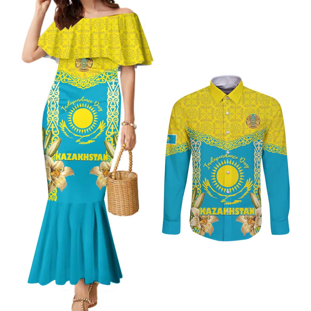 Personalised Kazakhstan Independence Day Couples Matching Mermaid Dress and Long Sleeve Button Shirt Lilium Peregrinum - Kazakh Pattern