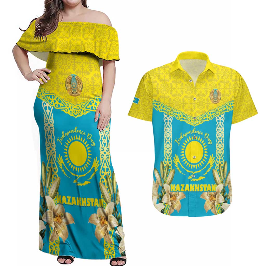 Personalised Kazakhstan Independence Day Couples Matching Off Shoulder Maxi Dress and Hawaiian Shirt Lilium Peregrinum - Kazakh Pattern - Wonder Print Shop