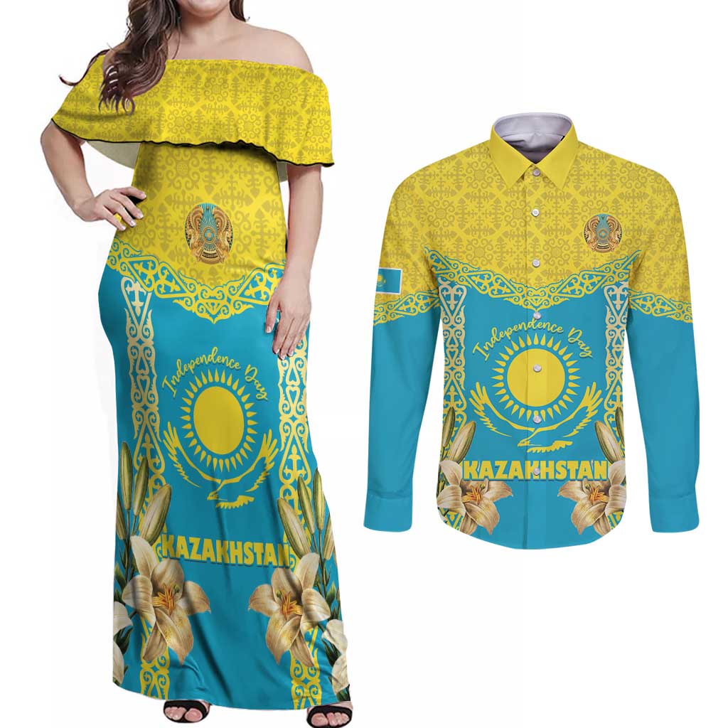 Personalised Kazakhstan Independence Day Couples Matching Off Shoulder Maxi Dress and Long Sleeve Button Shirt Lilium Peregrinum - Kazakh Pattern - Wonder Print Shop