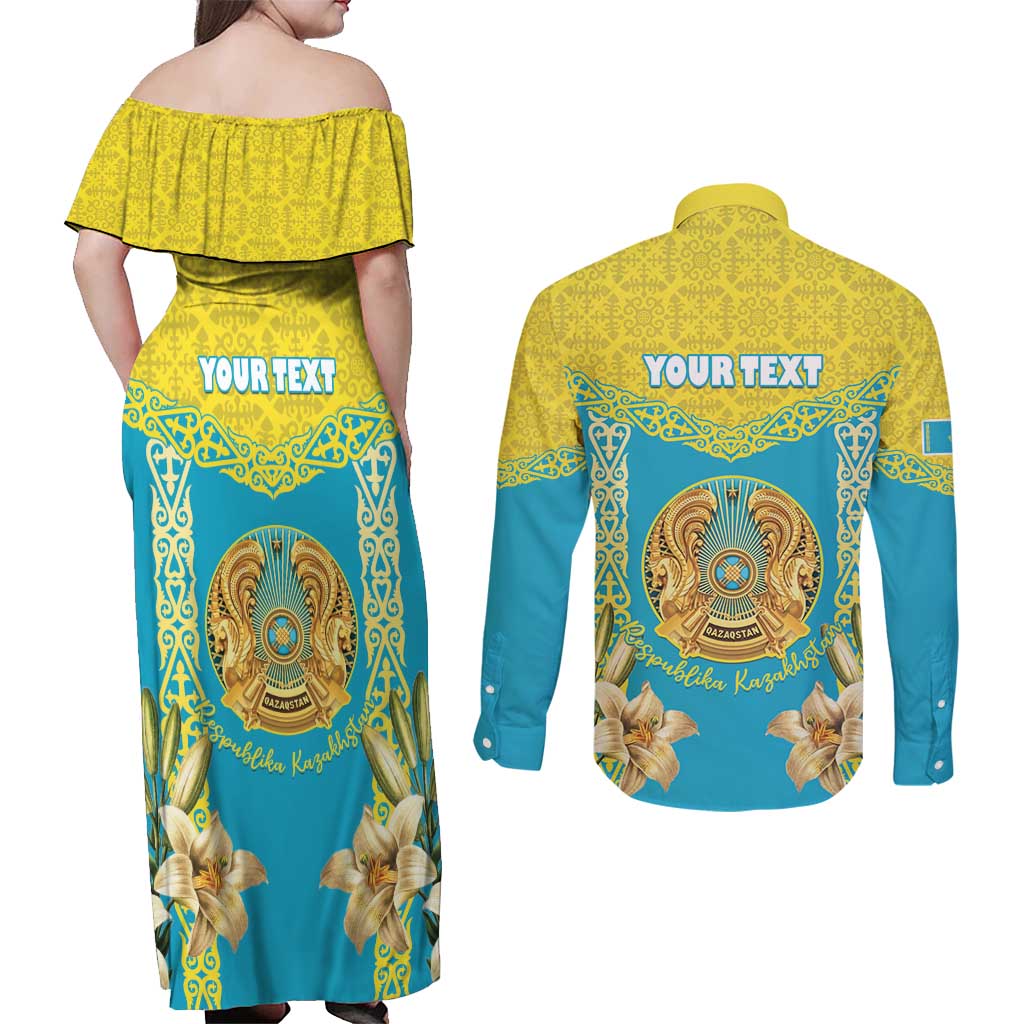 Personalised Kazakhstan Independence Day Couples Matching Off Shoulder Maxi Dress and Long Sleeve Button Shirt Lilium Peregrinum - Kazakh Pattern - Wonder Print Shop