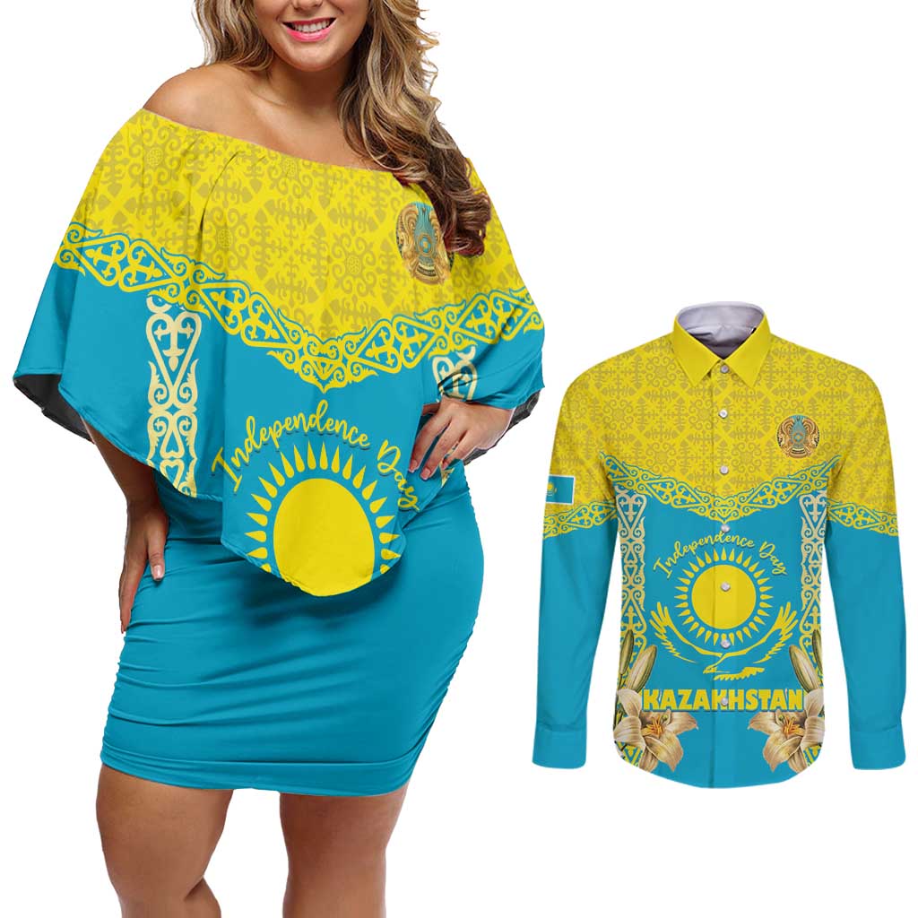 Personalised Kazakhstan Independence Day Couples Matching Off Shoulder Short Dress and Long Sleeve Button Shirt Lilium Peregrinum - Kazakh Pattern - Wonder Print Shop