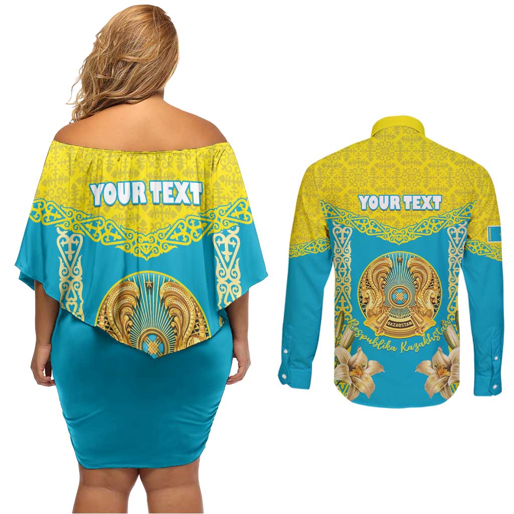 Personalised Kazakhstan Independence Day Couples Matching Off Shoulder Short Dress and Long Sleeve Button Shirt Lilium Peregrinum - Kazakh Pattern - Wonder Print Shop