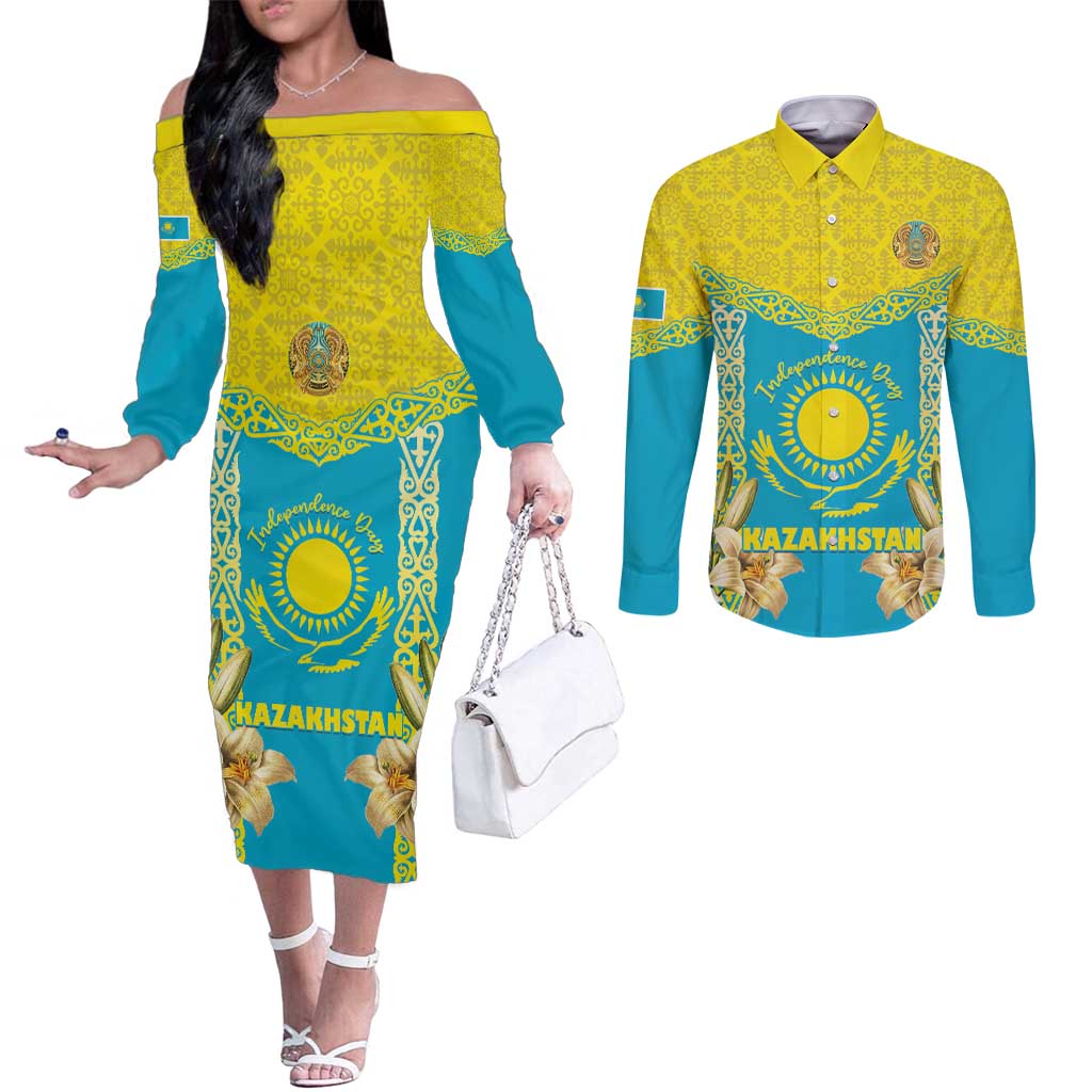 Personalised Kazakhstan Independence Day Couples Matching Off The Shoulder Long Sleeve Dress and Long Sleeve Button Shirt Lilium Peregrinum - Kazakh Pattern
