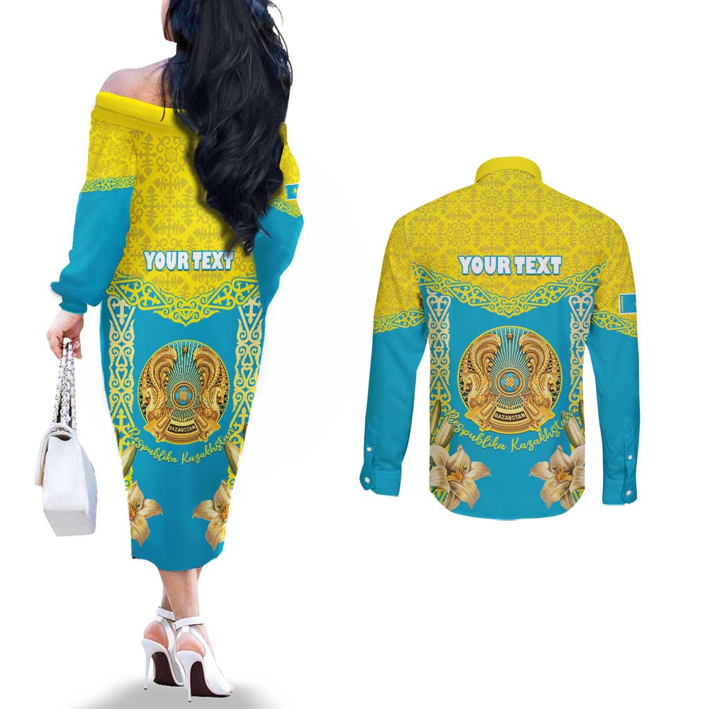 Personalised Kazakhstan Independence Day Couples Matching Off The Shoulder Long Sleeve Dress and Long Sleeve Button Shirt Lilium Peregrinum - Kazakh Pattern