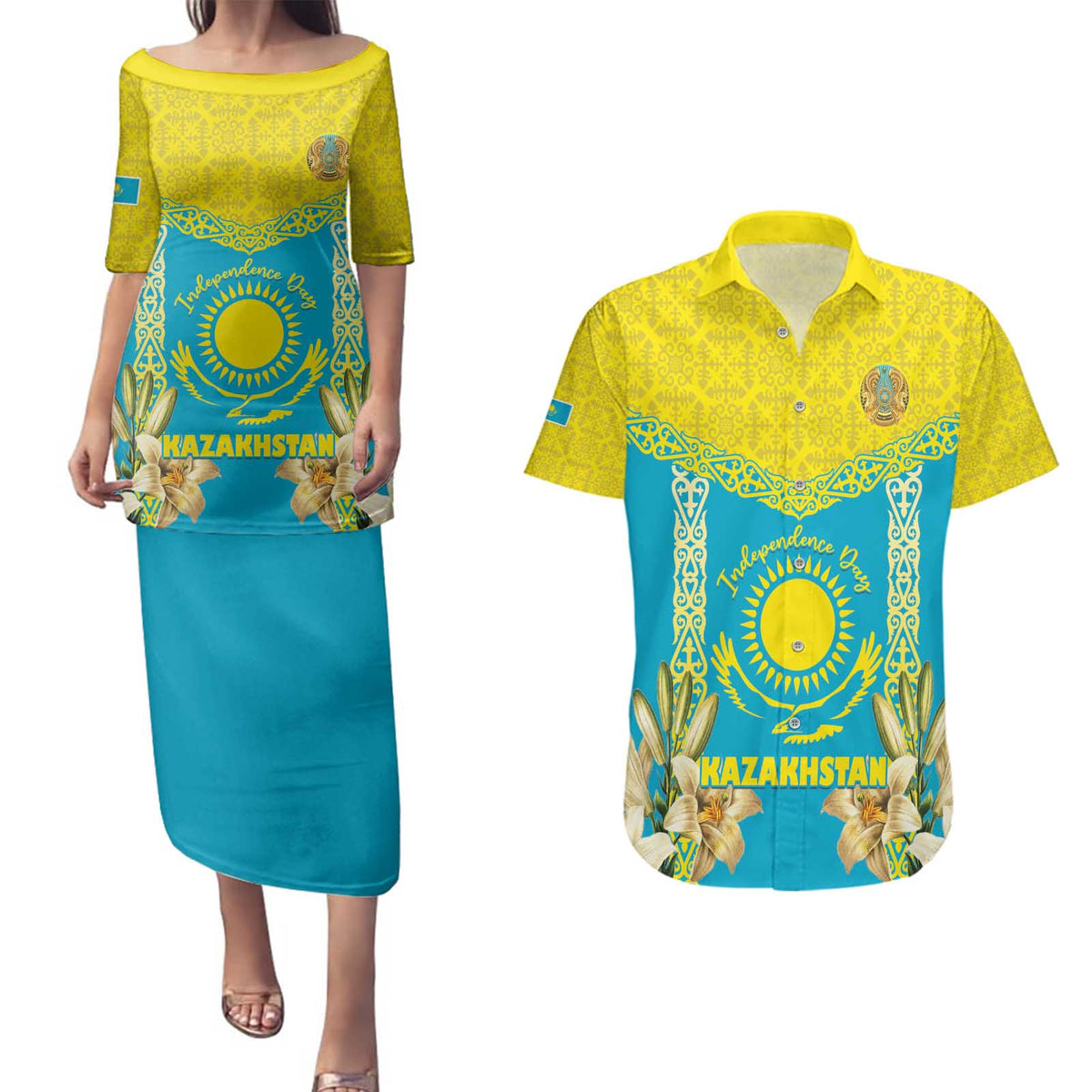 Personalised Kazakhstan Independence Day Couples Matching Puletasi and Hawaiian Shirt Lilium Peregrinum - Kazakh Pattern - Wonder Print Shop