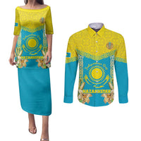 Personalised Kazakhstan Independence Day Couples Matching Puletasi and Long Sleeve Button Shirt Lilium Peregrinum - Kazakh Pattern - Wonder Print Shop