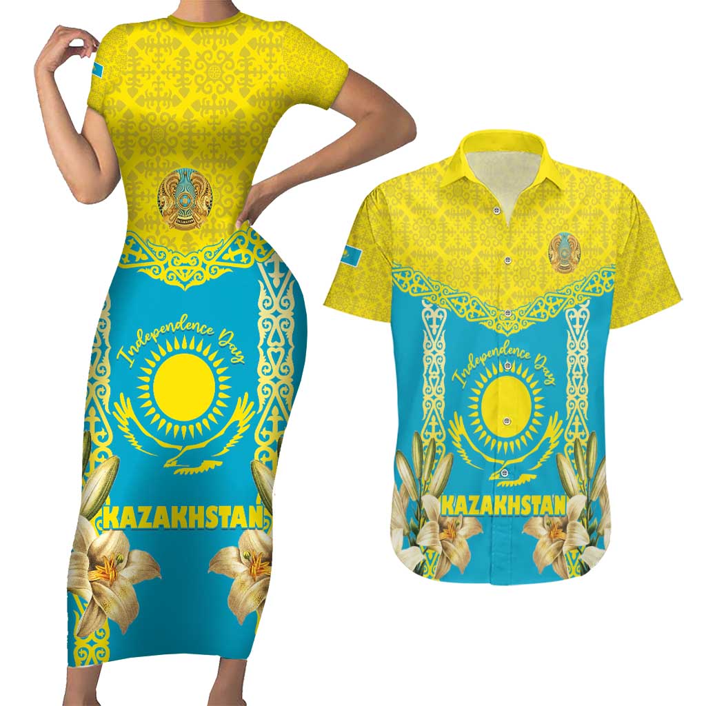 Personalised Kazakhstan Independence Day Couples Matching Short Sleeve Bodycon Dress and Hawaiian Shirt Lilium Peregrinum - Kazakh Pattern - Wonder Print Shop
