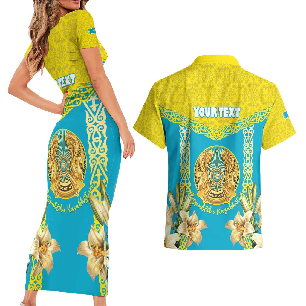 Personalised Kazakhstan Independence Day Couples Matching Short Sleeve Bodycon Dress and Hawaiian Shirt Lilium Peregrinum - Kazakh Pattern - Wonder Print Shop