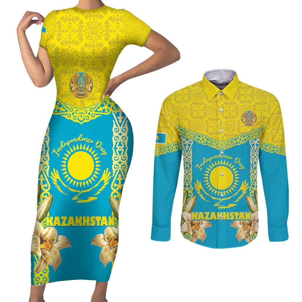 Personalised Kazakhstan Independence Day Couples Matching Short Sleeve Bodycon Dress and Long Sleeve Button Shirt Lilium Peregrinum - Kazakh Pattern - Wonder Print Shop