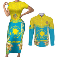 Personalised Kazakhstan Independence Day Couples Matching Short Sleeve Bodycon Dress and Long Sleeve Button Shirt Lilium Peregrinum - Kazakh Pattern - Wonder Print Shop