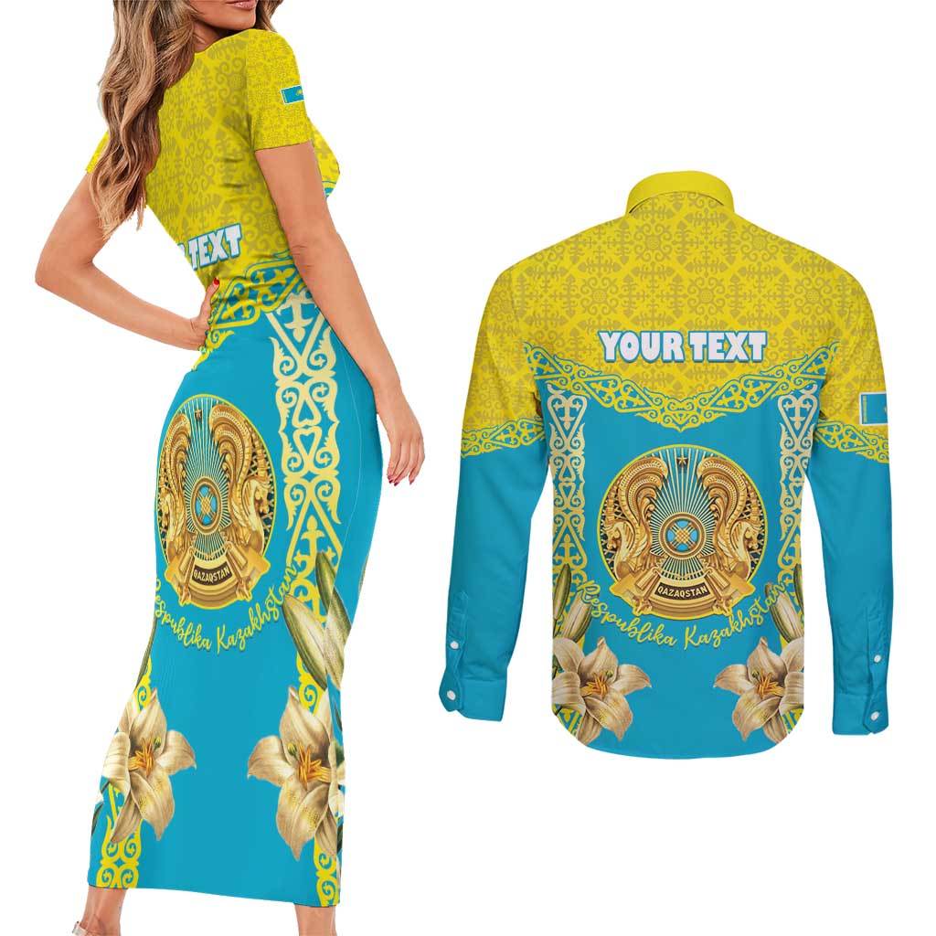 Personalised Kazakhstan Independence Day Couples Matching Short Sleeve Bodycon Dress and Long Sleeve Button Shirt Lilium Peregrinum - Kazakh Pattern - Wonder Print Shop