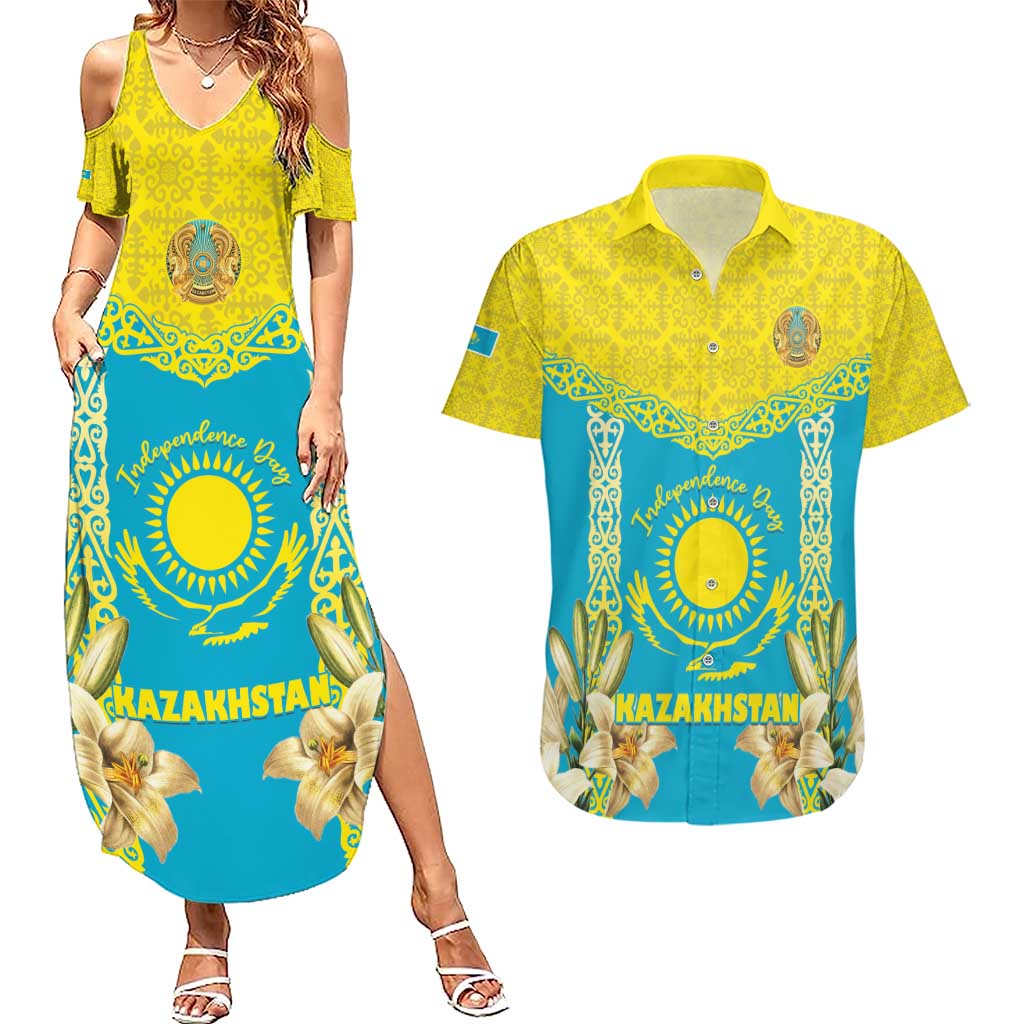 Personalised Kazakhstan Independence Day Couples Matching Summer Maxi Dress and Hawaiian Shirt Lilium Peregrinum - Kazakh Pattern - Wonder Print Shop