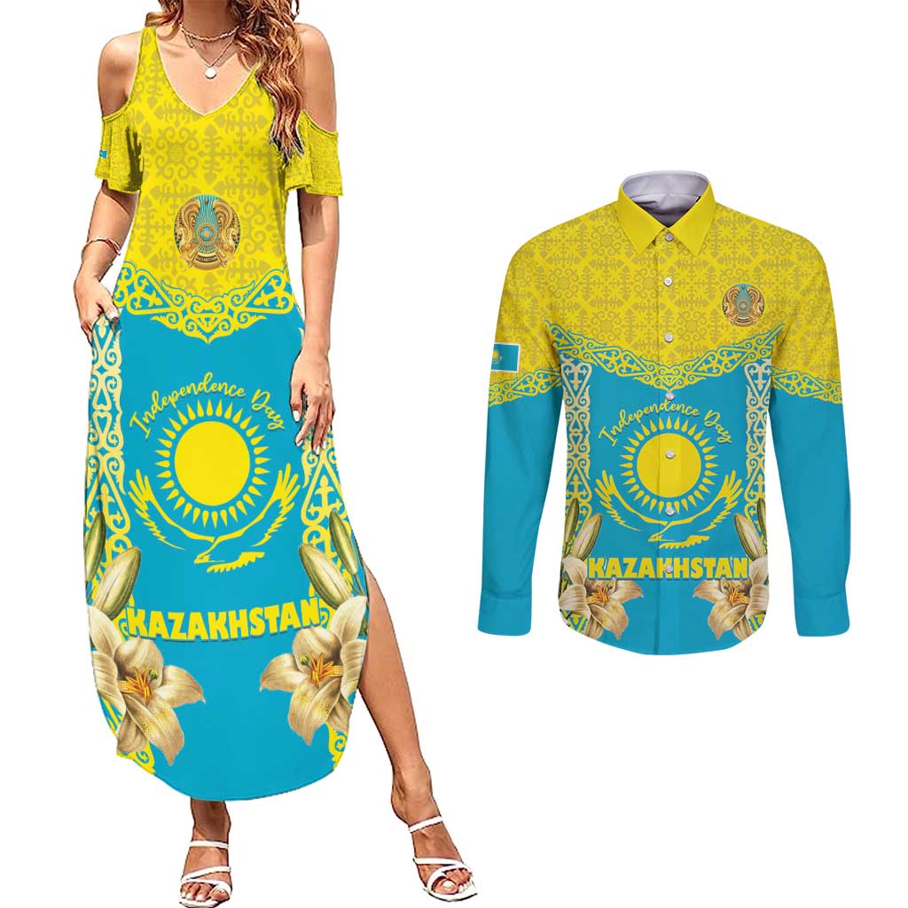 Personalised Kazakhstan Independence Day Couples Matching Summer Maxi Dress and Long Sleeve Button Shirt Lilium Peregrinum - Kazakh Pattern - Wonder Print Shop