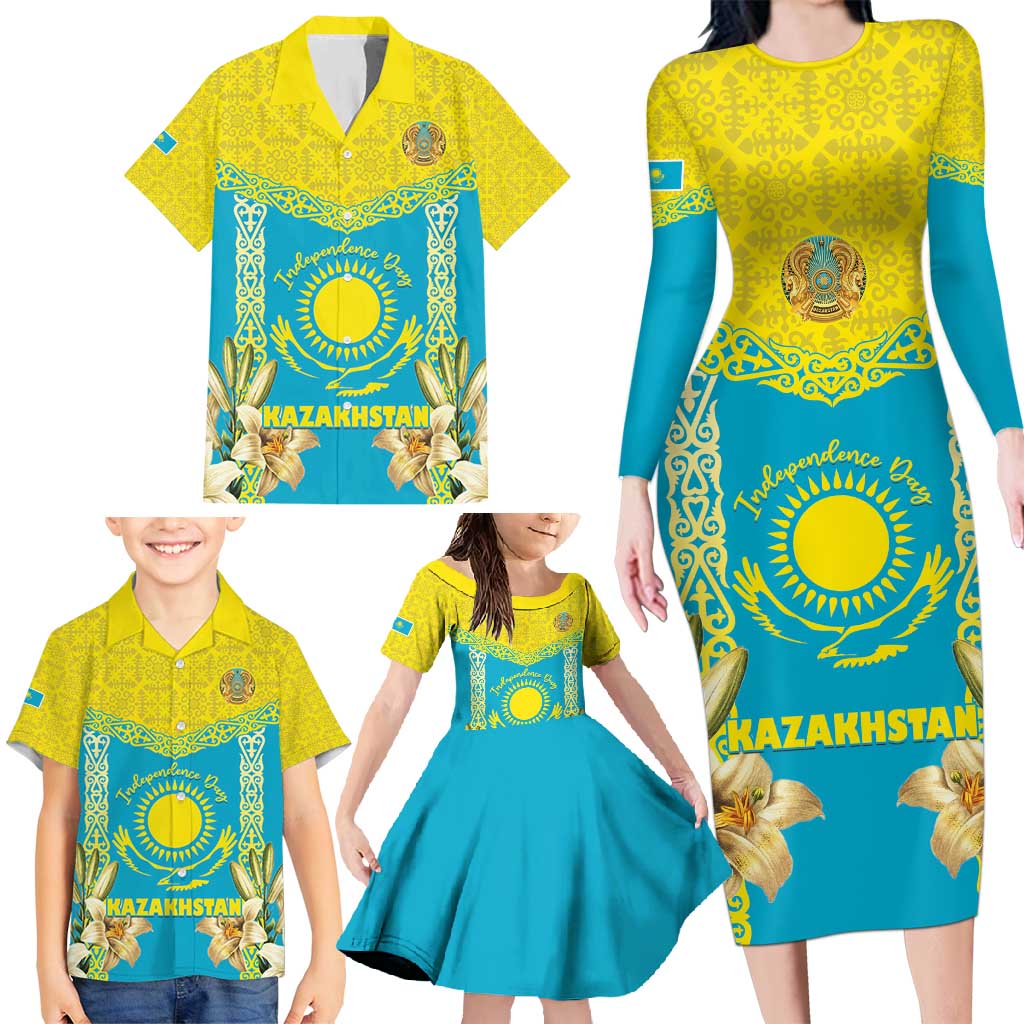 Personalised Kazakhstan Independence Day Family Matching Long Sleeve Bodycon Dress and Hawaiian Shirt Lilium Peregrinum - Kazakh Pattern - Wonder Print Shop