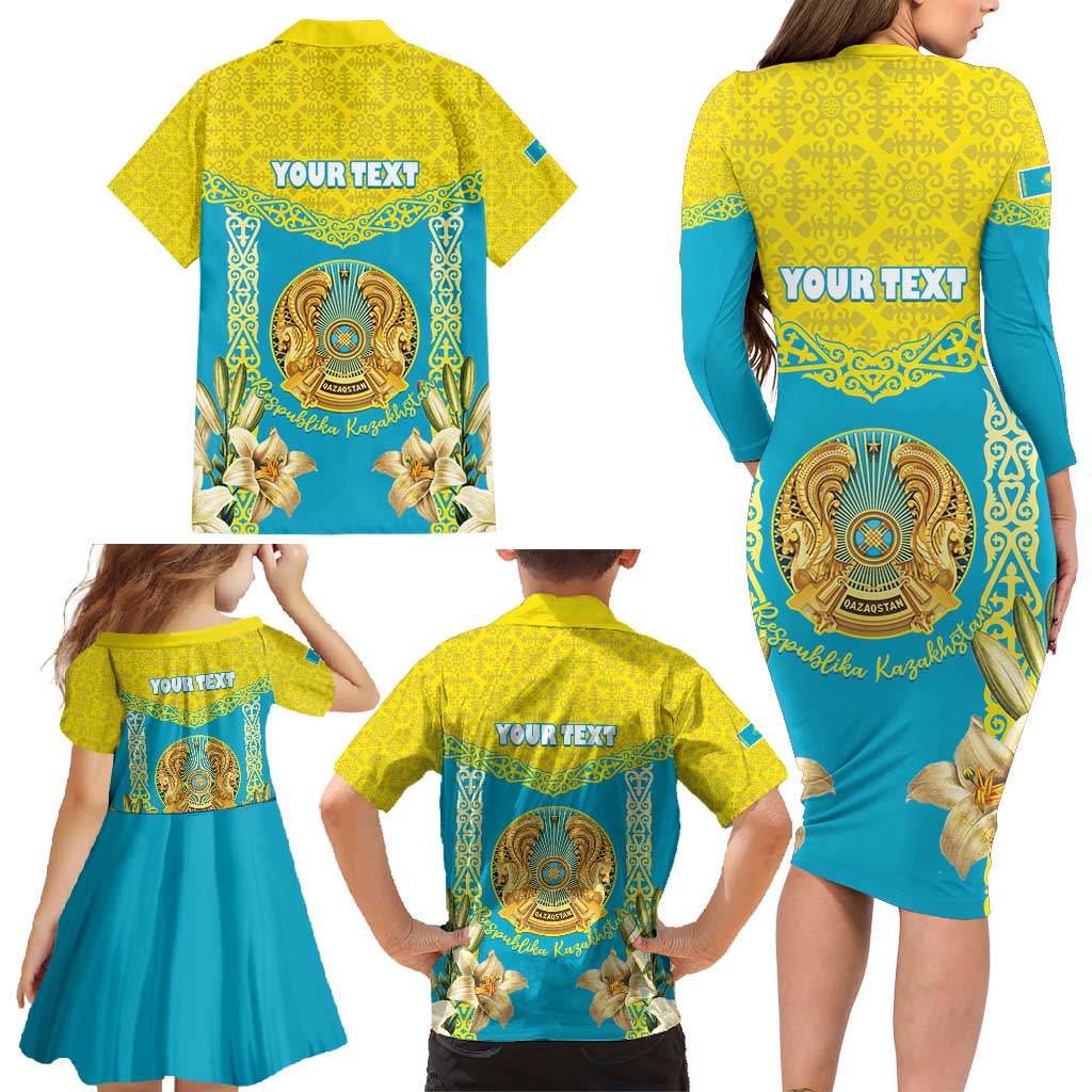 Personalised Kazakhstan Independence Day Family Matching Long Sleeve Bodycon Dress and Hawaiian Shirt Lilium Peregrinum - Kazakh Pattern - Wonder Print Shop