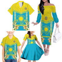 Personalised Kazakhstan Independence Day Family Matching Off The Shoulder Long Sleeve Dress and Hawaiian Shirt Lilium Peregrinum - Kazakh Pattern - Wonder Print Shop