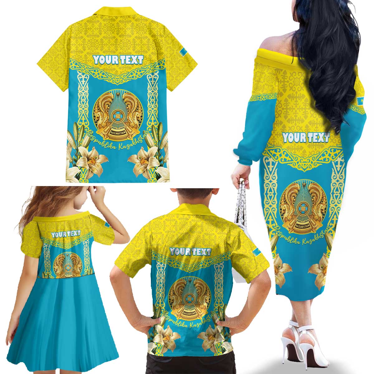Personalised Kazakhstan Independence Day Family Matching Off The Shoulder Long Sleeve Dress and Hawaiian Shirt Lilium Peregrinum - Kazakh Pattern - Wonder Print Shop