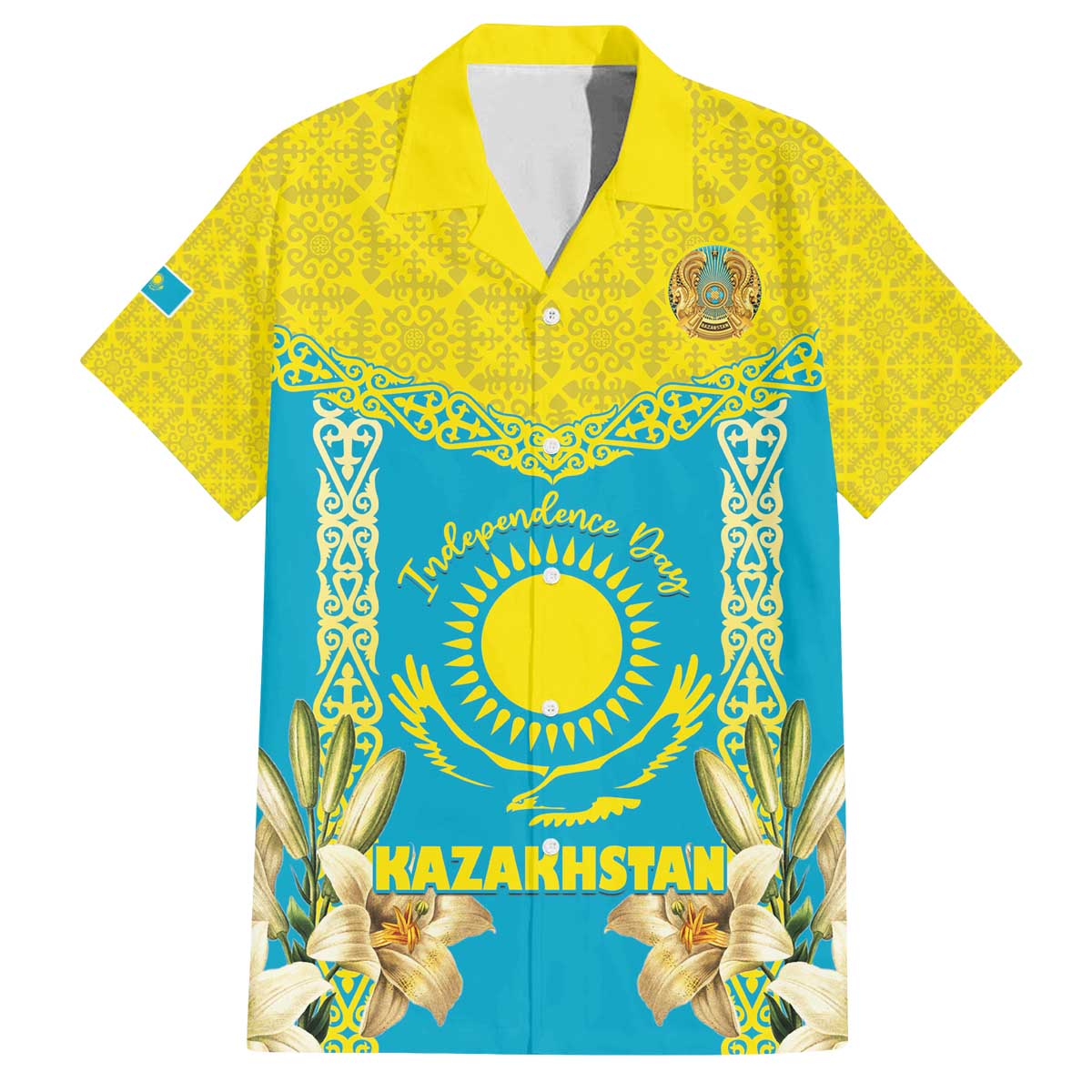Personalised Kazakhstan Independence Day Family Matching Off The Shoulder Long Sleeve Dress and Hawaiian Shirt Lilium Peregrinum - Kazakh Pattern - Wonder Print Shop
