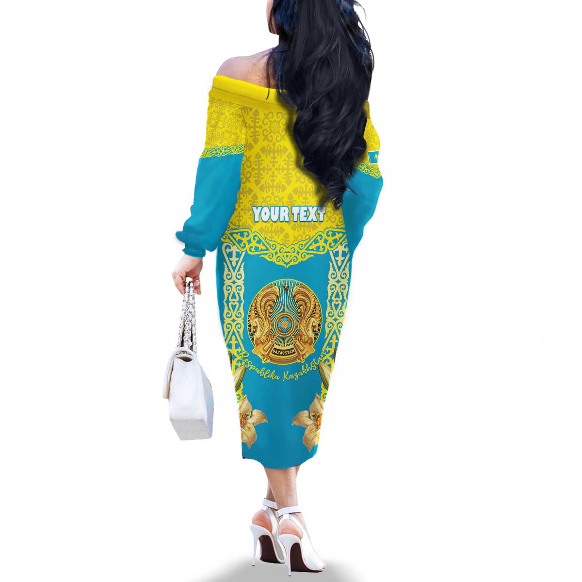 Personalised Kazakhstan Independence Day Family Matching Off The Shoulder Long Sleeve Dress and Hawaiian Shirt Lilium Peregrinum - Kazakh Pattern - Wonder Print Shop