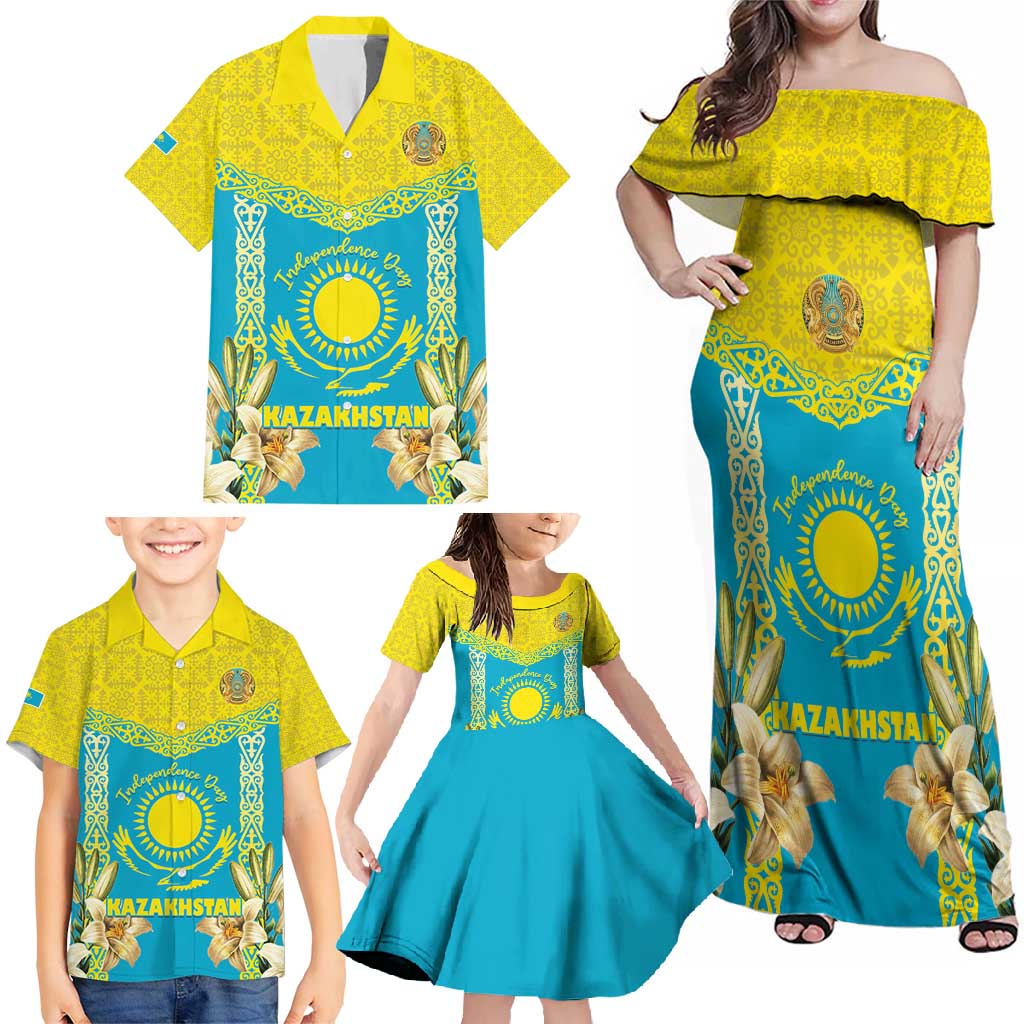 Personalised Kazakhstan Independence Day Family Matching Off Shoulder Maxi Dress and Hawaiian Shirt Lilium Peregrinum - Kazakh Pattern - Wonder Print Shop