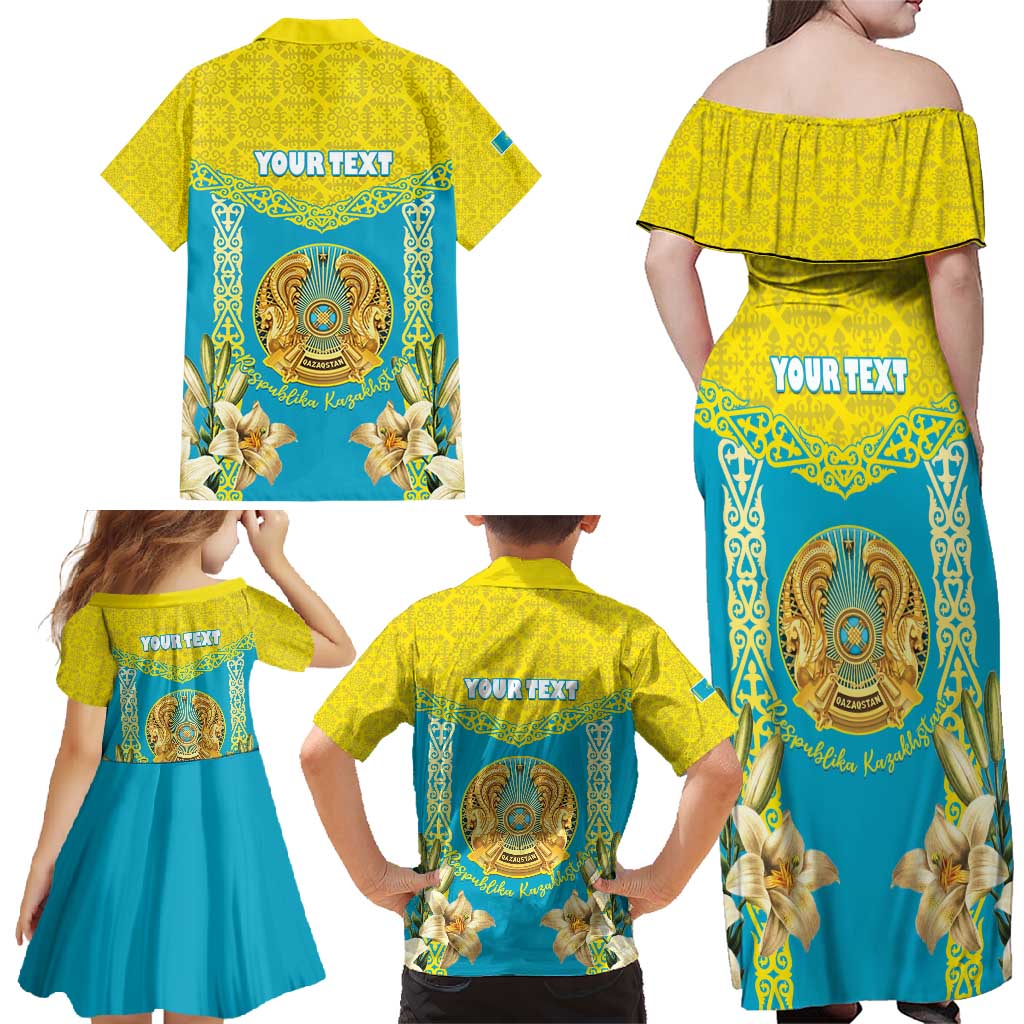 Personalised Kazakhstan Independence Day Family Matching Off Shoulder Maxi Dress and Hawaiian Shirt Lilium Peregrinum - Kazakh Pattern - Wonder Print Shop