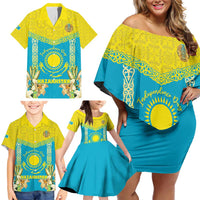 Personalised Kazakhstan Independence Day Family Matching Off Shoulder Short Dress and Hawaiian Shirt Lilium Peregrinum - Kazakh Pattern - Wonder Print Shop