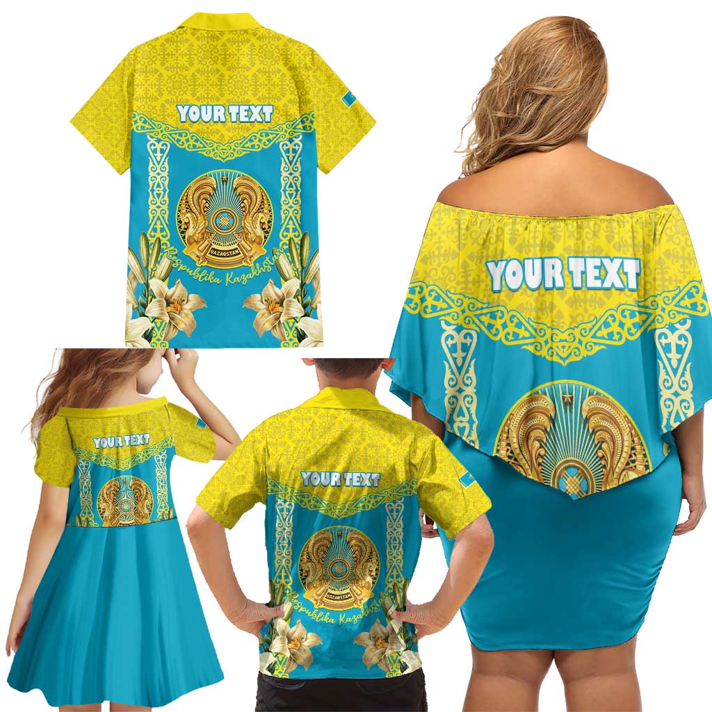 Personalised Kazakhstan Independence Day Family Matching Off Shoulder Short Dress and Hawaiian Shirt Lilium Peregrinum - Kazakh Pattern - Wonder Print Shop