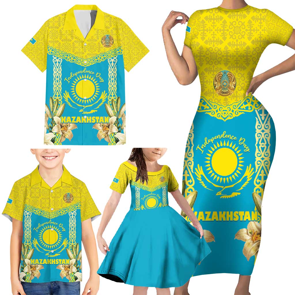 Personalised Kazakhstan Independence Day Family Matching Short Sleeve Bodycon Dress and Hawaiian Shirt Lilium Peregrinum - Kazakh Pattern - Wonder Print Shop