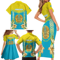 Personalised Kazakhstan Independence Day Family Matching Short Sleeve Bodycon Dress and Hawaiian Shirt Lilium Peregrinum - Kazakh Pattern - Wonder Print Shop