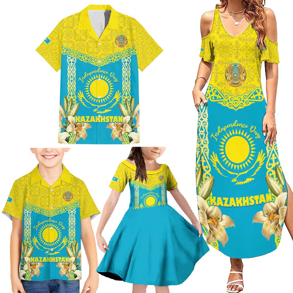 Personalised Kazakhstan Independence Day Family Matching Summer Maxi Dress and Hawaiian Shirt Lilium Peregrinum - Kazakh Pattern - Wonder Print Shop