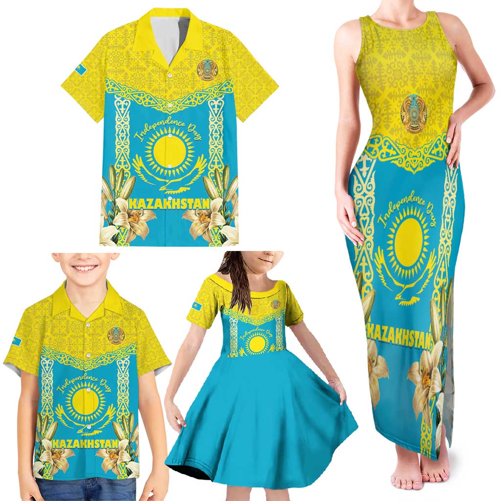 Personalised Kazakhstan Independence Day Family Matching Tank Maxi Dress and Hawaiian Shirt Lilium Peregrinum - Kazakh Pattern - Wonder Print Shop