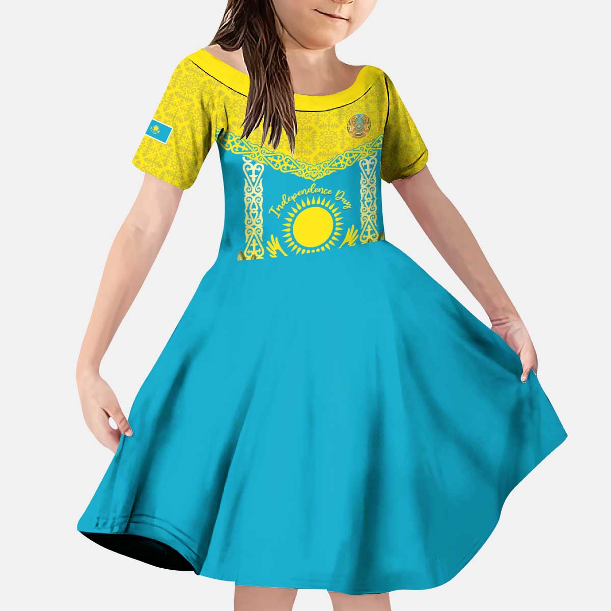 Personalised Kazakhstan Independence Day Kid Short Sleeve Dress Lilium Peregrinum - Kazakh Pattern - Wonder Print Shop