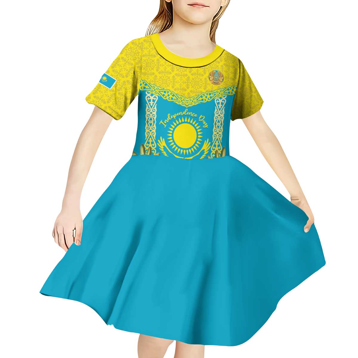 Personalised Kazakhstan Independence Day Kid Short Sleeve Dress Lilium Peregrinum - Kazakh Pattern - Wonder Print Shop