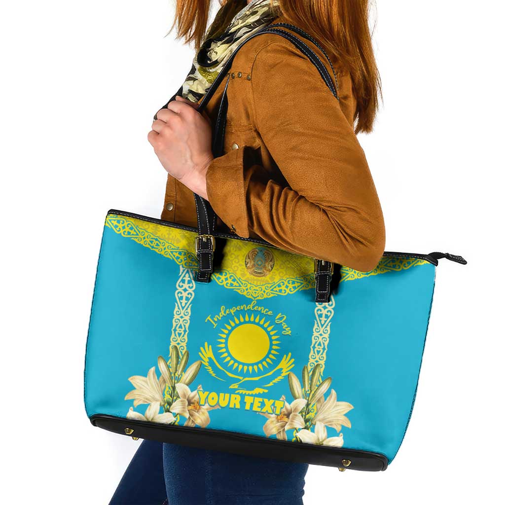 Personalised Kazakhstan Independence Day Leather Tote Bag Lilium Peregrinum - Kazakh Pattern - Wonder Print Shop