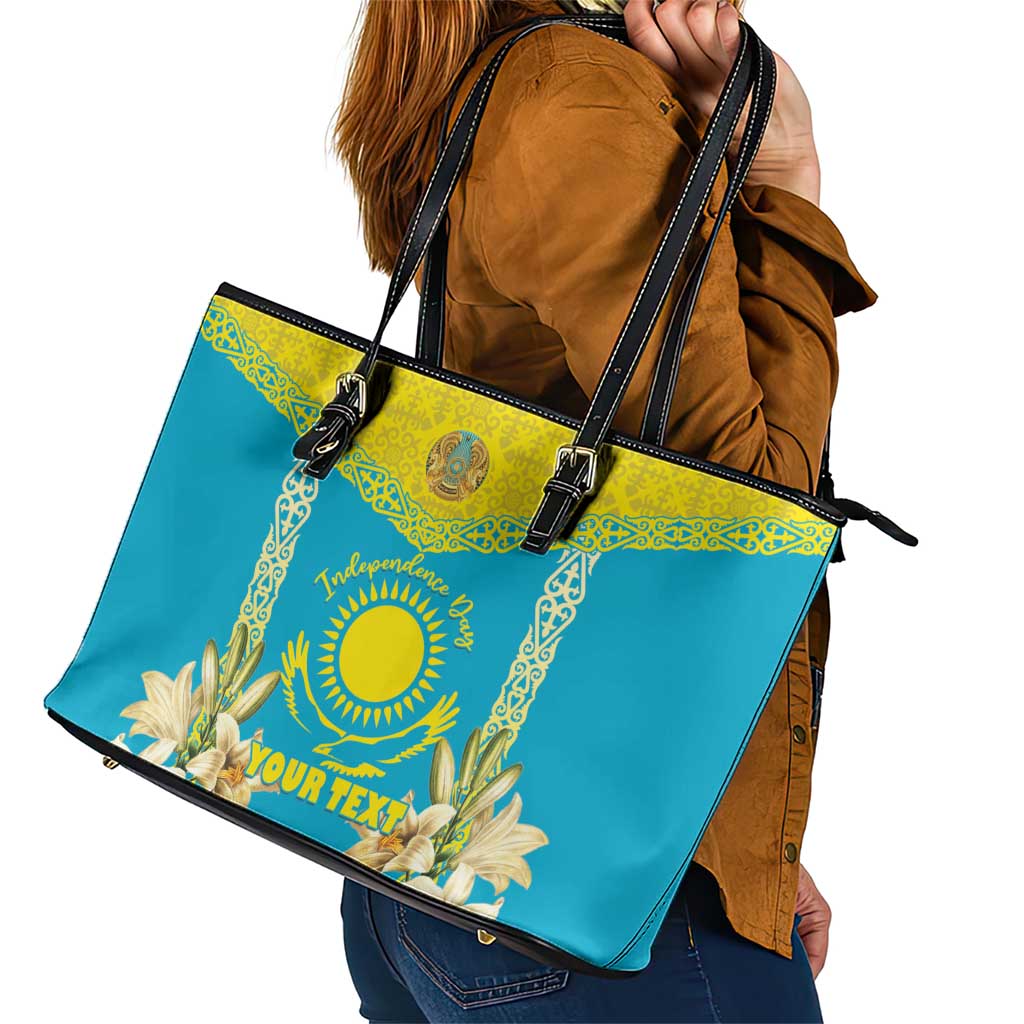 Personalised Kazakhstan Independence Day Leather Tote Bag Lilium Peregrinum - Kazakh Pattern - Wonder Print Shop