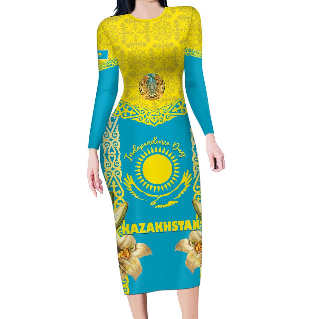 Personalised Kazakhstan Independence Day Long Sleeve Bodycon Dress Lilium Peregrinum - Kazakh Pattern - Wonder Print Shop