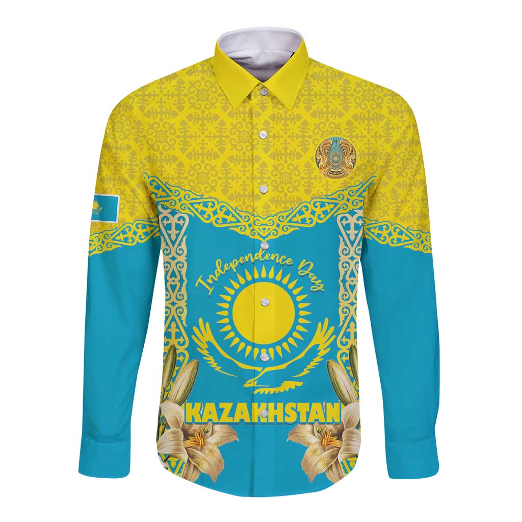 Personalised Kazakhstan Independence Day Long Sleeve Button Shirt Lilium Peregrinum - Kazakh Pattern - Wonder Print Shop