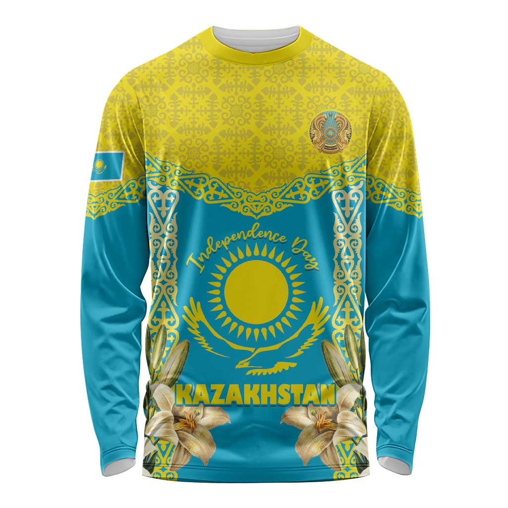 Personalised Kazakhstan Independence Day Long Sleeve Shirt Lilium Peregrinum - Kazakh Pattern - Wonder Print Shop