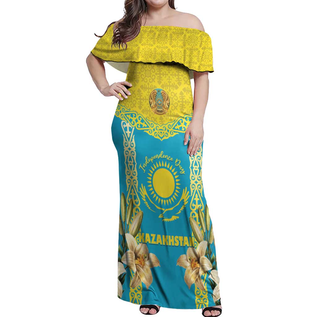 Personalised Kazakhstan Independence Day Off Shoulder Maxi Dress Lilium Peregrinum - Kazakh Pattern - Wonder Print Shop