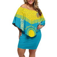Personalised Kazakhstan Independence Day Off Shoulder Short Dress Lilium Peregrinum - Kazakh Pattern - Wonder Print Shop
