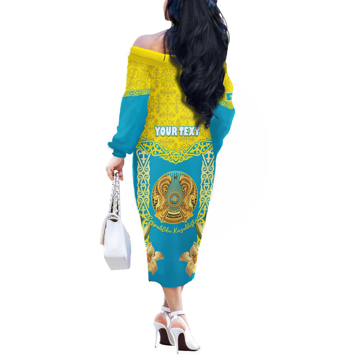 Personalised Kazakhstan Independence Day Off The Shoulder Long Sleeve Dress Lilium Peregrinum - Kazakh Pattern - Wonder Print Shop