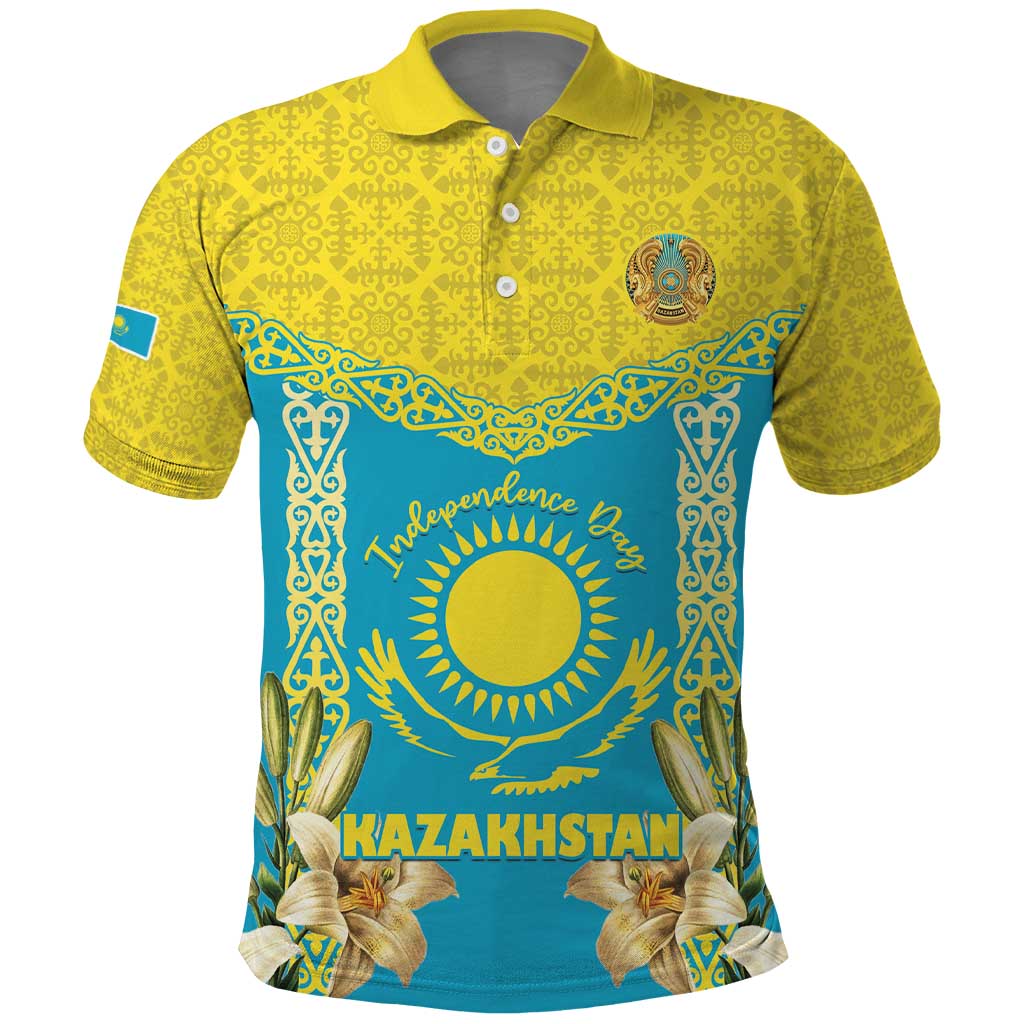 Personalised Kazakhstan Independence Day Polo Shirt Lilium Peregrinum - Kazakh Pattern - Wonder Print Shop