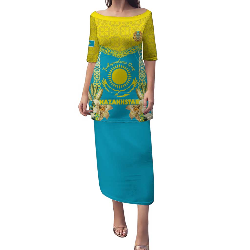 Personalised Kazakhstan Independence Day Puletasi Lilium Peregrinum - Kazakh Pattern - Wonder Print Shop